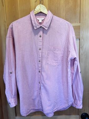 Joe Fresh Linen Cotton Button-Up Shirt Pink/Coral Roll Tab Sleeves Women’s Lg